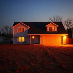 my dream of lonely suburban house in a dirt field, golden hour, uncanny, front door, two windows, garage door, overly happy, harsh lighting