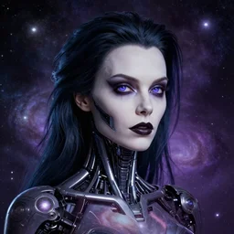 woman portrait made out of galaxies, beautiful, cyborg, tim burton comic book art, realistic, highly detailed