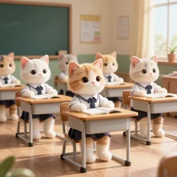 anthropomorphic cute kittens in school uniforms sitting at their desks on the first day of kindergarten, medium shot