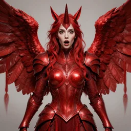 woman - unicorn hybrid red angel - wings, stunning, thick armor, full dressed, shocked very wide open eyes very open eyes, realistic, symmetric portrait, face, intricate, very detailed, fantasy digital art, trending in artstation, hildebrandt