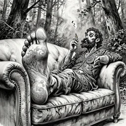 elegant, intricate detail, big foot chilling out on sofa in the woods smoking weed, by greg rutkowski dynamic wide angle lens, pencil and ink, dramatic lighting,