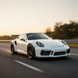 “white 2018 porsche 911 racing down a highway, golden hour photograph, car photography, 4k professional photo”