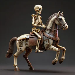 a scuplture of a skeleton riding a horse in a steampunk style made from parts of plastic toys and riveted together, plastic, hyperdetailed, ultra realistic, octane render, 8 k, cinematic, atmospheric lighting, volumetric lighting