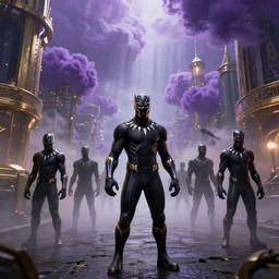 black panther guards discovering streets + purple clouds empire, built of gold and metal, photorealistic 3 d render, hyper details, foggy mysterious, emotional rays, cinematic lights