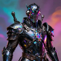 Award winning realistic artwork of a warrior god wearing black iridescent armor, iridescent cybernetic processor, extreme detail, artstation, colorful vivid octane render