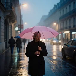 street of paris photography, night, rain, mist, a pink umbrella, cinestill 8 0 0 t, in the style of william eggleston