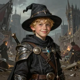 portrait of a young boy wearing fantasy thief clothing in the slums of a fantasy city, blonde hair, d & d, fantasy, joyful smirk, intricate, elegant, highly detailed, digital painting, artstation, concept art, matte, sharp focus, illustration, art by artgerm and greg rutkowski and alphonse mucha
