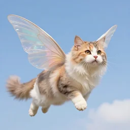fantasy. a big happy cat with soft fluffy colored fur and translucent wings like a butterfly flies across a realistic sky. clear details.