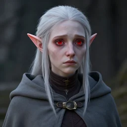 realistic portrait of a young albino female halfling with red eyes and a grey cloak, geometric face, haunted and sad expression, artstation, cinematic lighting, art by petros afsha and wlop, 8 k