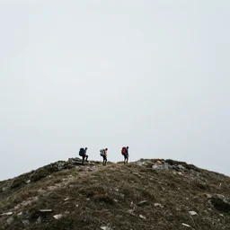 backpackers on a mountain, view from above, kilian eng, minimalist