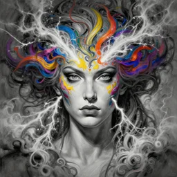 Anne Marie , colorful painting on grey scale face, powerful , magic, thunders, dramatic lighting, intricate, wild, highly detailed, digital painting, artstation, concept art, smooth, sharp focus, illustration, art by artgerm and greg rutkowski and alphonse mucha, footage