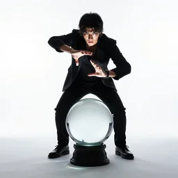 dashing fortune teller with crystal ball, cinematic studio photo, full body, standing, isolated on a pure white background, centered, whole figure in frame, sharp focus, studio lighting