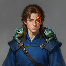 a young mage, with brown hair and a burning scar in his face, blue robes and a pet salamander in his shoulders, digital art, character art portrait, matte fantasy painting, deviantart artstation, by jason felix by steve argyle by tyler jacobson by peter mohrbacher, cinematic lighting, smooth, sharp focus,