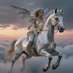 biblical diabolical beautiful female valkyree android, on a pegasus, jump, heavy eyes to the side, closeup, bright glowing veins, in clouds, rain, sunset, portrait, by gerald brom, by mikhail vrubel, by peter elson, muted colors, extreme detail, reflections, trending on artstation, 8 k