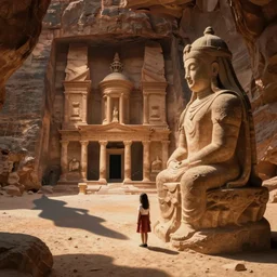 a young girl stands next to a rock colossus, shadow of the colossus, in front of a temple, in a large desert cave, dramatic lighting, hudson river school