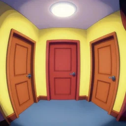 theatre access corridor background, 3 doors, fish eye, day of the tentacle, color, vibrant, flat style