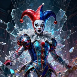 impressive ominous cinematic fine portrait photo of a court jester rigid shattered crystal volumetric dynamic fluid simulation lighting impressive masterpiece hyper ultra detailed intricate sharp focus 8 k realistic illustration canon eos r 3 fujifilm x - t 3 0 sony alpha, by james gurney tooth wu artgerm colorful!!!, trending on artstation behance cgsociety