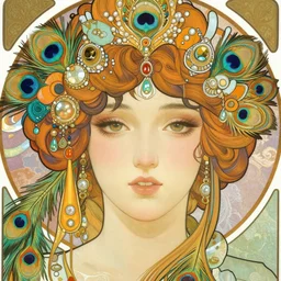 realistic detailed face portrait of an otherworldly fairy tale Peacock Goddess with colorful feathers and ornate jewels in her hair by Alphonse Mucha, Ayami Kojima, Amano, Charlie Bowater, Karol Bak, Greg Hildebrandt, Jean Delville, and Mark Brooks, Art Nouveau, Neo-Gothic, gothic, rich deep moody colors