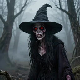 A realistic detailed photo of a creepy witch, red eyes, dead skin, dead trees, detailed body, teeth filled with cavities, foggy landscape, creepy, light particles, detailed light, realistic shaders, trending on artisation, detailed textures, detailed, realistic.