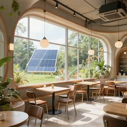 solarpunk big window cantine, natural lighting