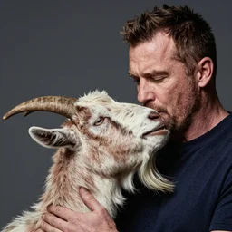 portrait photo of ray winstone headbutting a goat