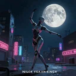 an emotional concept painting of a cyberpunk android dancing in the moonlight, neon signs, empty city, large detailed moon, concept painting by Raymond Swanland