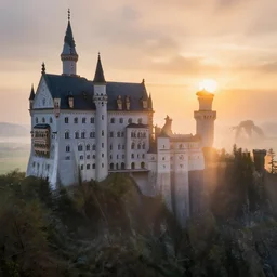 a beautiful vista of a castle on the side of a cliff, god rays, foggy, volumetric lighting, sunset, monster in the fog, by jules bastien - lepage, daniel gerhartz, detailed, greg rutkowski, rembrandt, 8 k