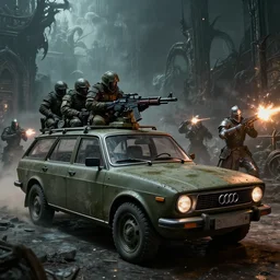 Armored and Armed Military Audi 80 B3 Avant (1988) with a mounted M249 with soldiers on, Dark Souls 3, Eldritch Horrors, Wretched and Corrupted Knights, Heavy Battle, Fight, Car vs Knight, gunshots fired, a grim fantasy, Anor Londo, dramatic lighting, cinematic, establishing shot, extremely high detail, photorealistic, cinematic lighting, artstation, by simon stalenhag