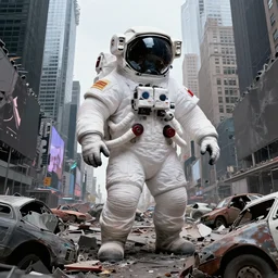 artgerm style!!! american white spacesuit chubby astronaut in giant postapocalyptic abandoned destroyed times square, wrecked buildings, destroyed flipped wrecked cars