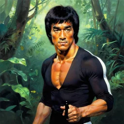 color portrait of bruce lee in the jungle by frank frazetta