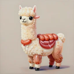 a painting of a smooth, bald, shiny alpaca made of balloons frankfurters sausages meat