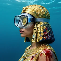 a profile photo of egyptian woman with a diving mask with clockwork details :: side profile :: in ocean :: guns and bullets :: gold and petals pattern :: blood and horror ::  by marvel and Sandra Chevrier
