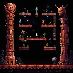 alien planet with johnny cash totem gameplay still frame, pixel art, platformer, metroidvania, retro, splash screen, level design, high contrast, background, deep focus, highly detailed, dramatic lighting, digital painting, artstation, concept art, matte, greg rutkowski, moebius, illustration.