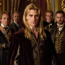 regal aristocratic a young!!!, long blond haired tom cruise as the vampire lestat de lioncourt portrait, luxurious indoor setting, atmospheric lighting, painted, menacing, intricate, volumetric lighting, rich deep colours masterpiece, sharp focus, ultra detailed, by leesha hannigan, ross tran, thierry doizon, kai carpenter, ignacio fernandez rios