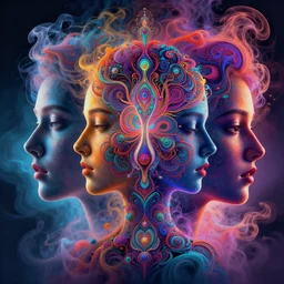 colorful smoke forming silhouettes of faces, extremely colorful psychedelic experience, dmt, psilocybin, lsd, intricate, elegant, highly detailed, digital painting, artstation, smooth, sharp focus, illustration, art by krenz cushart, hana yata, octane render, unreal engine, 8 k