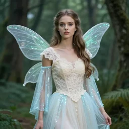A beautiful girl wearing Fairy dress with cream lace bodice with sleeves of sheer pale blue sequins photographed in a mystical magical ethereal forest, photograph in the style of Mario Testino