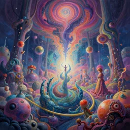 a psychedelic realm bubbling up from source of all existence, attempting to break into humanity in the style of wlop and greg rutkowski, illustration, epic, fantasy, hyper detailed, smooth, unreal engine, sharp focus, ray tracing