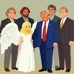 vibrant muted colors, still of a [ angelic ] [ donald trump ], by arthur adams, by tom bagshaw, by henry asencio, by kikuchi hideyuki, by albert bierstadt, pixel - art