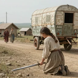 A caravan passed through the village I saw her young I fell on my knees before her I swear I will give you my soul And I heard a cold answer There is no place for your soul Maybe you'll be closer later In the meantime, serve me as a sword Serve me as a sword. realistic materials, attention to detail, elaborate depth of field, digital art, quality composition