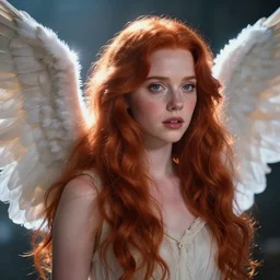 portrait art of girl resembling millie bobby brown or alicia vikander as a redheaded angel, art by alessio albi 8 k ultra realistic, angel wings, lens flare, atmosphere, glow, detailed, intricate, full of colour, led lighting, trending on artstation, 4 k, hyperrealistic, focused, extreme details, unreal engine 5, masterpiece