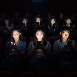 people in a very dark movie theatre playing on their cellphones, faces illuminated by cellphone light
