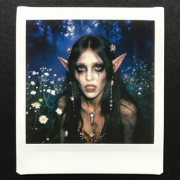 an instant photo of a pretty but sinister and creepy goblin in layers of fear, with haunted eyes, violence in her eyes, 1 9 7 0 s, seventies, delicate embellishments, a little blood, woodland, blue dawn light shining on wildflowers, painterly, offset printing technique, by walter popp, alexandre cabanel