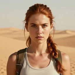 fantasy concept art, frontal portrait of a young woman, auburn hair in a ponytail, athletic, slavic features, clean face!!!, serious demeanor, tomb raider, desert background, in the style of ruan jia, high detail, uplit, 8 k