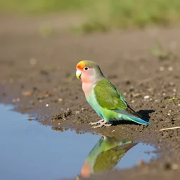 lovebird sitting at shore, reflective, sunny day, landscape photography, nature