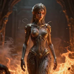 mobius, character design, woman many wire attached to body, unreal engine, render, retro, 8 k, highly detailed, mystic, mythical art, photorealistic, volumetric light, cinematic lighting, smoke, fire, character art, sad, super detailed, elegant, ornate, epic character, ray tracing render