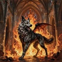 A epic and beautiful rococo painting of a werewire inside a burning cathedral. demon slayer style. ultra-detailed. Anime, pixiv, UHD 8K CryEngine, octane render