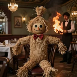 a scarecrow is sitting in a fancy restaurant. the waiter is burning. folk horror. highly detailed.