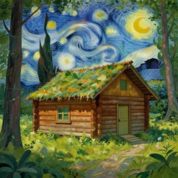 [ a log cabin in the forest ] [ van gogh ] [ raytrace ]