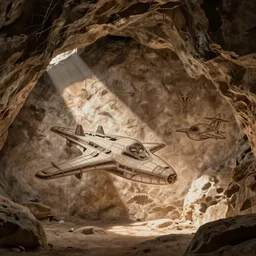 primitive drawings of a alien starship in the walls of a cave