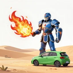 dragon fire vs blue armor knight shield, green car hatchback, desert landscape, greg manchess, akehiko inoue and ross tran